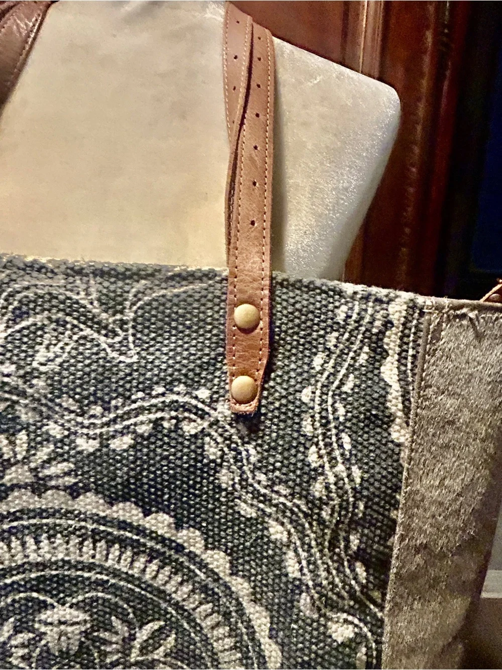 Myra Bag Gray and Brown Patterned Tote with Leather Straps